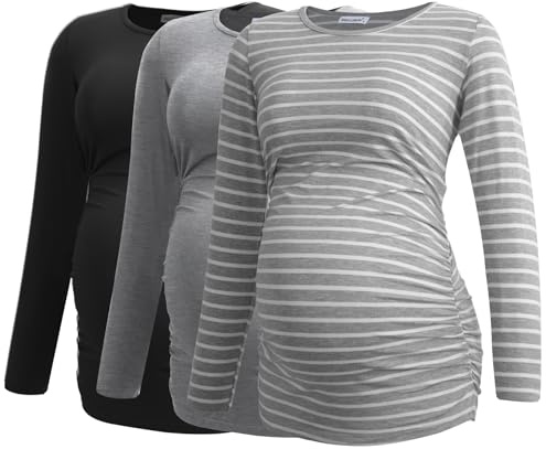 Smallshow kvinnors graviditet toppar långärmade graviditet kläder T-shirts 3-packningar,Zwart-licht Grijs-Lichtgrijze Streep,S