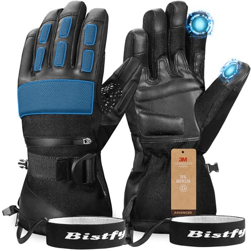 Bistfy Touchscreen Skihandschuhe Herren 3M Thinsulate Warm Winterhandschuhe, Wasserdicht/Schneekratzer/Fingergelenke Schützen/Nasenwischtuch für Skifahren Snowboarden Schneemobilfahren