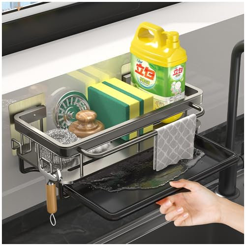Axroad Étagère murale sans perçage pour évier de cuisine, porte-éponge bien rangé, organiseur de vaisselle avec plateau d'égouttement amovible et crochets (gris)