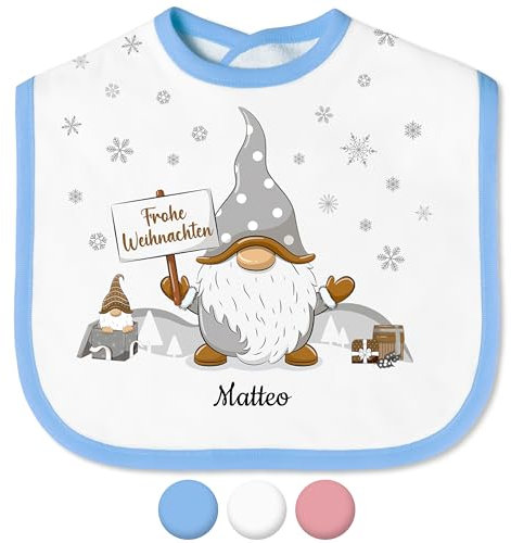 True Statements Babylätzchen „Frohe Weihnachten“ mit Namen personalisiert für Mädchen & Jungen - mit Klettverschluss – Wichtel Spucktuch Kinderlätzchen – Geschenk Weihnachten (Saum Blau)