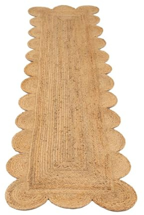 Scalloped Jute Rug Natural Beige Rustic Curved Scandi Bohemian Rug Eco-Friendly Durable Handwoven Rugs for Living Room Mat, Hallway Runner Rugs 60cm x 240cm