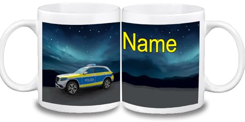 Kinder Tasse personalisiert mit Name, Polizei | Farbwahl Tasse, Schriftwahl für Name, Keramik oder Kunststoff