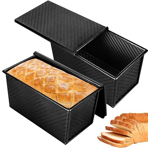 Spmarkt Paquete de 2 moldes para pan Pullman negros con tapa, molde para pan sándwich
