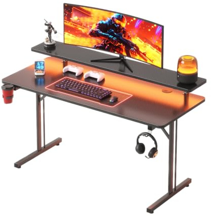 CAIYUN Small Gaming Desk Computer Desk, 100x50x88 cm Computer Table with LED Lights Gaming Table for Small Space, Play, Work, Bedroom, Home, Office - Black, Cup Holder, Headphone Hook