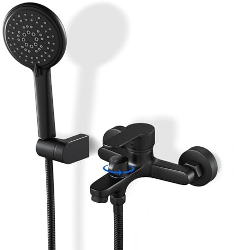 ROVOGO Schwarze Badewannenarmatur mit 5-Funktionen Handbrause, Aufgerüstet Messing Drehbare Umsteller, Einhand Wannenarmatur, Badewanne armatur mit Brausehalter und 150 cm Schlauch für Wandmontage