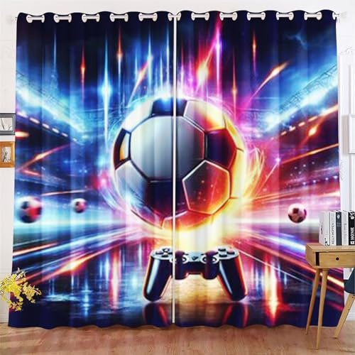 Qiqumax Fußball Gardinen Verdunkelungsvorhänge Für Kinderzimmer Jungen Fußball Sport Blickdicht Vorhänge Fußball Verdunkelungsvorhang Für Schlafzimmer (7,183x160cm(BxH)/ 91.5x160cmx2)