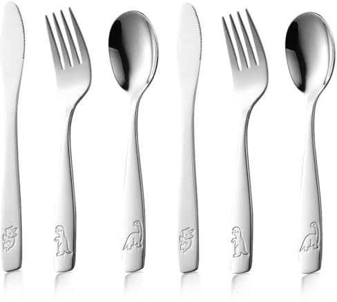 6 Pcs Children's Cutlery Stainless Steel Sets, Todler Silverware 3 x Forks 3 x Safe Dinnerknives 3 x Spoons Mirror Finish & Dishwasher Safe- Dinosaurs