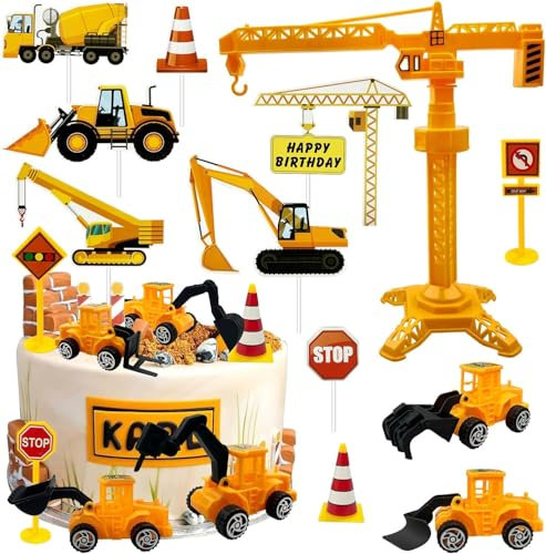 Morofme Bagger Tortendeko 21 Stück, Baustelle Kuchen Deko geburtstag 2 jahre, LKW Bulldozer Cupcake Topper, Baustelle Verkehr Straßenzeichen Thema Tortendeko Spielzeug für Junge Mädchen