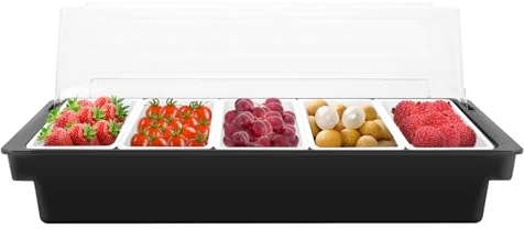 Loobiiny Porta Condimenti 5 Scomparti Contenitore per frutta in Plastica ABS con coperchio Espositore Dispenser per spezie, pizza, per Buffet, Ristorante, Cucina e Bar