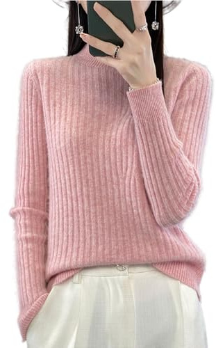Ailaile Suéter 100 % de lana merino para mujer, cuello alto falso, manga larga, suéter de punto cálido y suave