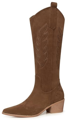 SHIBEVER Cowboy Boots for Women Knee High Suede Pointed Toe Cowgirl Boots Embroidered Pull-On Chunky Heel Western Boots, 2679-brown, 4.5 UK
