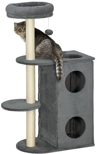PawHut Kratzbaum 111 cm Katzenbaum mit Katzenhöhle, Bett, Spielball, Katzenkratzbaum mit Sisal-Kratzsäulen, für Katzen bis 5 kg, Grau