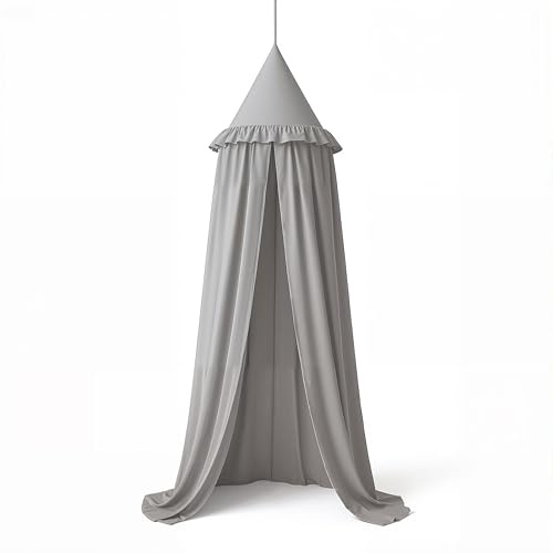 Wonder Space Kids Bed Canopy with Ruffles, Pastel Neutral Color for Boys & Girls, Frilled Cotton Tent Nursery Room Baby Crib Hanging Curtain Mosquito Netting Children Reading Nook Decoration (Grey)