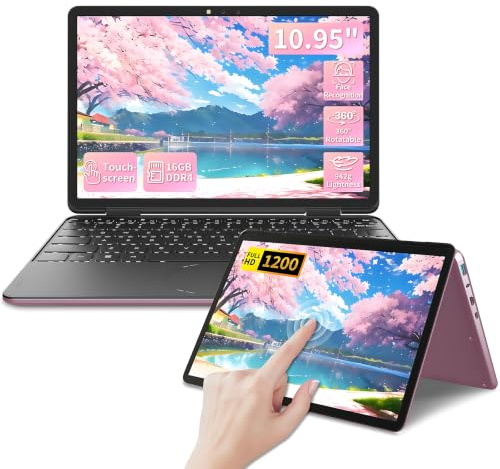 LONGEVINCE 11 Inch 2-in-1 Touchscreen Laptop,Win 11 Pro N100 Laptops,16GB DDR4 RAM, FHD 1920×1200 IPS Display, 360° Flip,Backlit Keyboard,USB-C,Oval Trackpad,computer (Rose Gold, 16G+512GB SSD)
