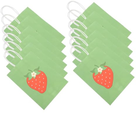 Lurrose 12 Stück Wiederverwendbare Papiertüten mit Erdbeermuster und Griffen Niedliche Geschenktüten für Kinderfeste und Sommerpartytüten in Grünem Karton