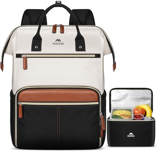 MATEIN Laptop Rucksack Damen 15,6 Zoll mit Isolierted Kühltasche, Rucksack mit Kühlfach Wasserdicht, Arbeitsrucksack Damen Anti Diebstahl, Schulrucksack 2 in 1 für Uni, Büro, Arbeit, Business, Beige