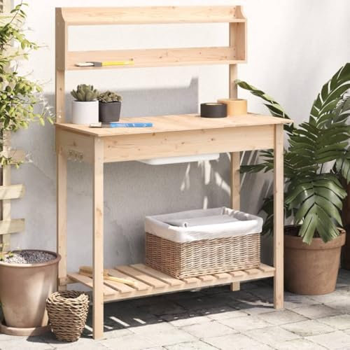 Festnight Blumentisch mit Waschbecken Pflanztisch Outdoor Wetterfest Gärtnertisch mit Ablagen Holzpflanztisch Arbeitsplatte Garten Gartenarbeitstisch Arbeitstisch Balkon 147,5x44x139,5 cm
