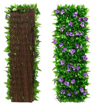 Expanding Garden Trellis Panels 200x40cm, Expandable Garden Fence Screening with Artificial Ivy, Violet Flower, Decorative Faux Ivy Leaf Privacy Screen Greenery Backdrop for Backyard, Balcony (1 Pcs)