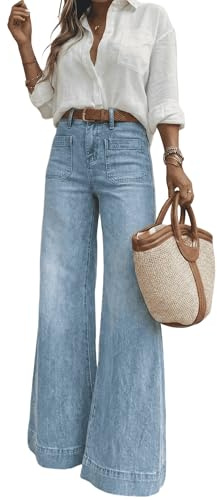 Women's High Waisted Wide Leg Jeans with Retro Patch Pockets, Stretchy 70s Vintage Loose Denim Pants for Summer Vacation (US, Numeric, 30, Regular, Long) Blue