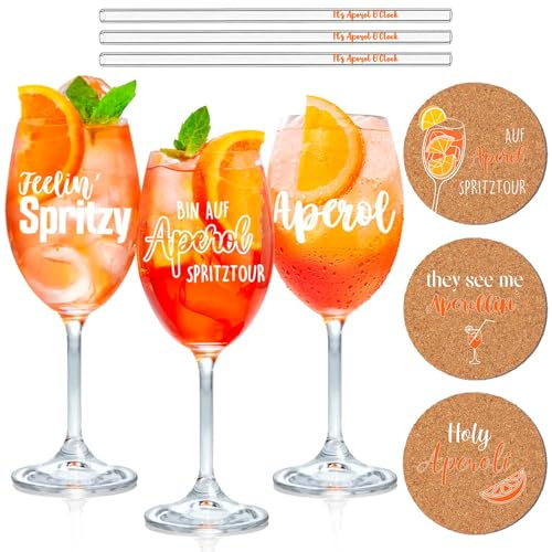Coffret cadeau 3 verres Aperol Spritz - Verres Aperol de qualité supérieure | Pailles en verre It’s Aperol O’Clock | Sous-verres en liège, idéal pour les amateurs d'Aperol