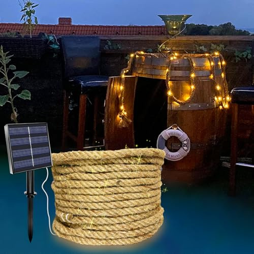 MEDOYOH 15M Solarseil Lichterkette mit 300 LEDs, Solar Hanfseil Lichterkette mit 8 Beleuchtungsmodi Wasserdicht für Gartenterrasse Balkon Schaukel Stamm Dekor