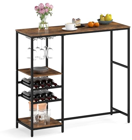COSTWAY Tavolo da Bar 121 x 41 x 105,5 cm, Angolo Bar per Casa con Scaffali di Stoccaggio, Portabottiglie e Portacalici, Tavolo Alto per Cucina, Soggiorno, Ristorante e Bistrò