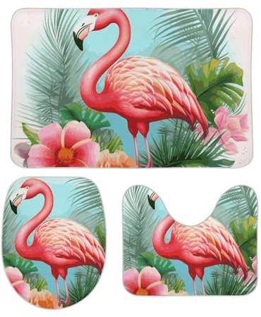 rutschfeste 3 Badteppich Set Tropischer Flamingo Bad Duschmatten Langlebige Weiche Badgarnitur Badematten, Für Badewanne, Spa, Badezimmer