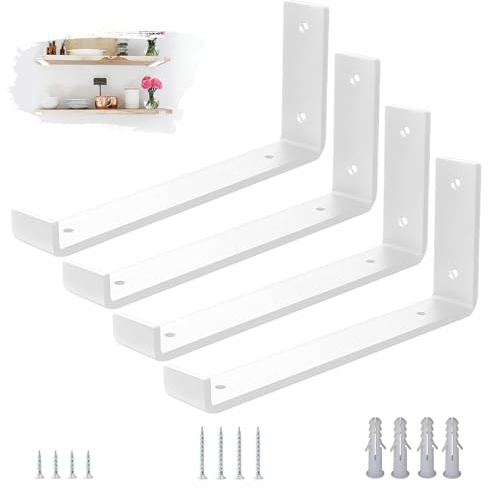 VTOPVMAX Lot de 4 Equerre Etagere Murale Moderne Blanche, Support en Acier 5mm pour Étagère Charge Lourde avec Rebords Anti-Glissement - Pour Fixation Équerre Étagère 30cm