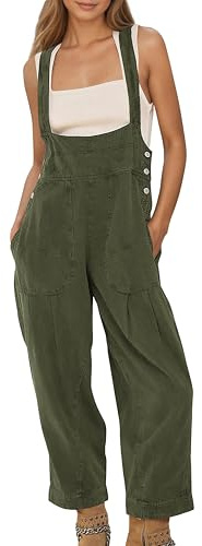 YUENIU Women's Denim Overalls Loose Fit Baggy Bib Jumpsuit Harem Barrel Leg Adjustable Strap With Pockets Casual Jeans Dungarees Pants Army Green L