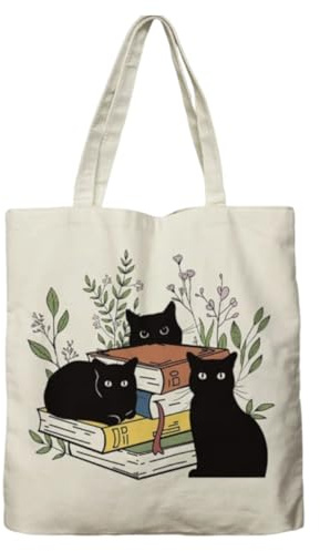 ZORVYN Geschenk für Katzenliebhaber Damen Tote Bag mit Schwarze Katze Motiv Stoffbeutel Bedruckt Jutebeutel Aesthetic Einkaufstasche für Frauen