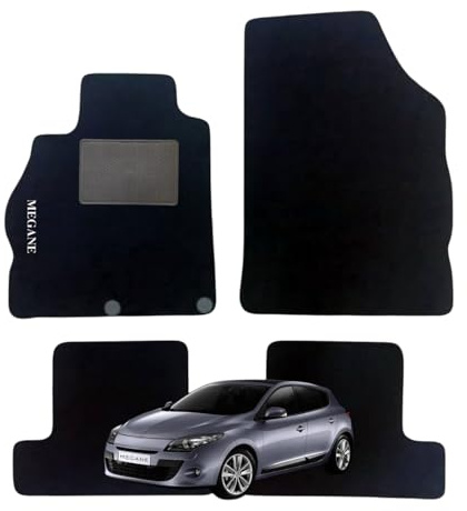 Set 4 Tappeti in Moquette NERI Adatti per MEGANE III SW 2008-2016 - Compatibli NON Originali, con Bottoni di Fissaggio, con Battitacco cucito e antiscivolo