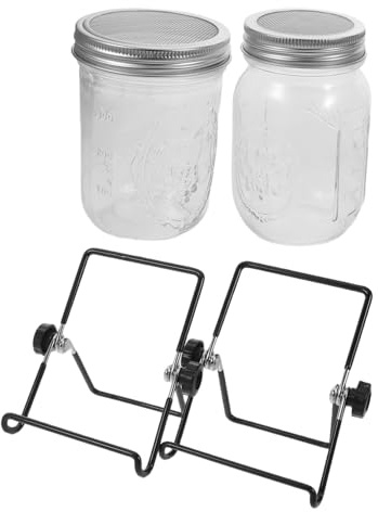 ibasenice 2 Set Barattoli Germogliatori con Coperchi in Acciaio Resistente Rete Filtrante e Supporto Kit per Germinazione Semi e Crescita Microgreens Compatibili con Barattoli Mason Standard