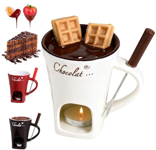 per fonduta di cioccolato con forchette, da 130 ml, in ceramica, scalda burro in ceramica, per fonduta di formaggio, fonduta riscaldata con tealight, più calda per caramelle
