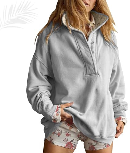 Överdimensionerad tröja för kvinnor vinter vardaglig långärmad hockneck Henley pullover topp knapp v-ringad tröja, Ljusgrå, XL