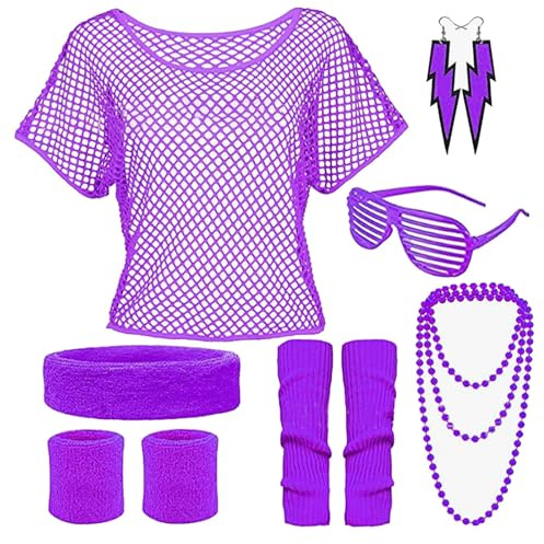 Fulidngzg 90er 80er Jahre Outfit Damen - Mottoparty Netzoberteil mit Accessoires Neon Party Outfit Kostüm 80er Jahre Damen Aerobic Kleidung Typisch Off Shoulder Netzshirt Frauen Rosa