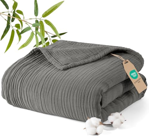 PHF Cooling Muslin Throw Blanket Double Size 150x200cm, 4-Layer Lightweight Fabric, Ultra Soft 60% Bamboo Viscose & 40% Cotton Blend, Breathable Summer Blanket for Hot Sleepers, Grey
