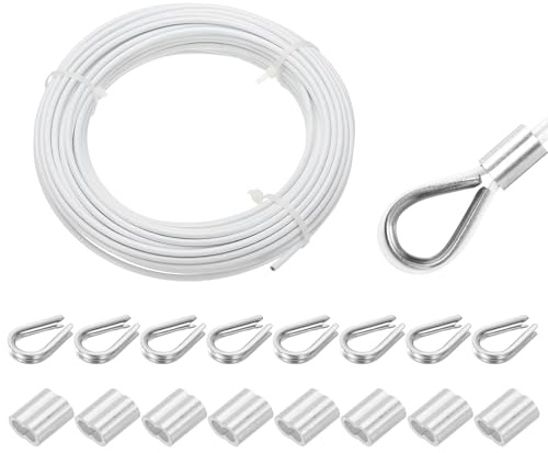 QUARKZMAN 20 meter x 3 mm vajer rostfritt stål, stålvajer spänntråd med 8 x pressöglor, hylsor och 8 x kausar, rostfritt stål rep 304 gardinrep, tvättlina för klätterväxter, vit