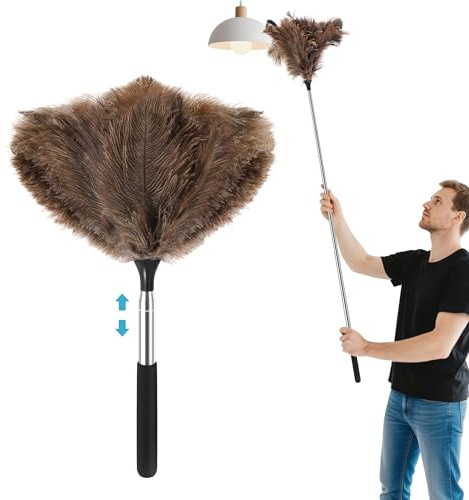 SYCEES Plumero de Plumas de Avestruz Reutilizable et Extensible 41 a 116 cm | Mango Antideslizante, Quitapolvo Telescópico Suave Antiestático Lavable para Limpieza del Hogar Techo Ventilador Oficina