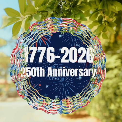 Independence Day Wind Spinner for Garden Yard 12In, 250th Anniversary Blue Red Sparklers Flowers 3D Stainless Steel Kinetic Hanging Wind Spinners Rustproof Outdoor Decor for Lawn Patio Home