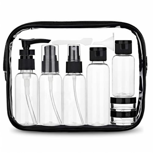 Reisez - Juego de 9 botellas de viaje de plástico PET, botella vacía con pulverizador, bote de crema con embudo, espátula, pinza de cierre y bolsa de cosméticos transparente, bolsa compatible con