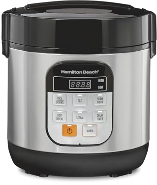 Hamilton Beach Digital Programmable Rice Cooker & Food Steamer, with Slow Hard-Boiled Egg Functions, Egg/Steam Tray, Small & Compact, 6 Cups Cooked (3 Uncooked), Stainless Steel (37524)