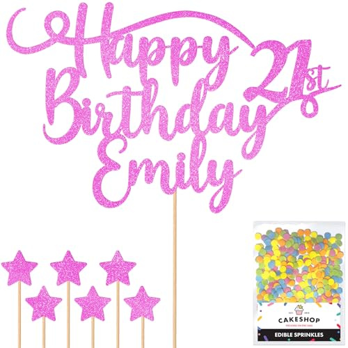 Personalised Happy Birthday Glitter Cake Topper - Light Pink Any Name & Any Age Glitter Cake Decoration and Sprinkles - Happy Birthday Decorations - Personalised Toppers for Cakes by Cakeshop
