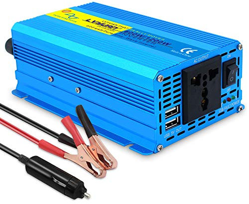 Cantonape Pure Sine Wave Power Inverter 600W DC 12V to AC 230V 240V Voltage Converter With Universal Socket, and 2 USB charger, car inverter used for Laptop, Pad, Phones, Tablet, peak 1200W
