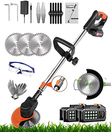 Desbrozadora Bateria, 36V Cortabordes Bateria Sin Cable De Telescópica con 2 6.0 Ah Batería e Cargador, Ángulo Ajustable, Cuchillas De Repuesto de Metal, para Céspedes/Jardines/Deshierbe