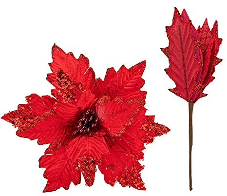 LEMCC 10 x große Weihnachtsstern-Spieße, 25 cm, künstliche rote Weihnachtsblumen, Glitzer, Weihnachtsstern, Weihnachtsbaum, Glitzer, Blumen, Ornamente für Weihnachtsbaum, Kranz