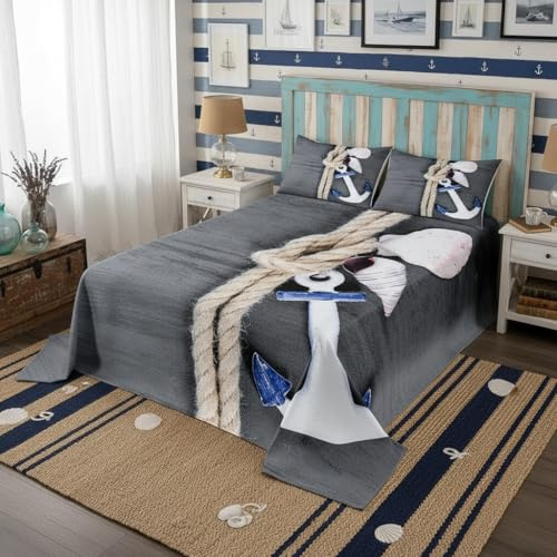 feelingyou Navigationsdeckenset 220x240cm,Weiße Ankerschale und Muschel-Tagesdecke mit 2 Kissenbezügen,3-teilig,Ocean Theme Grau Dekoratives Polyester Gesteppt für Jungen Teens Zimmer Geschenk,Weich