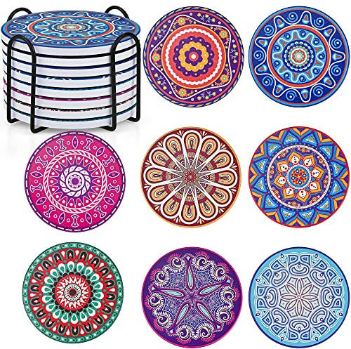 Mandala Coasters Set of 8, Ceramic Round Drink Coasters with Holder Absorbent Drink Coaster Set with Non-slip Cork Base & Ceramic Stone Cup Pad for Cups Mug Wine Glass Home Kitchen & Bar - 10cm