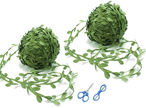 Hitopin 2 Rollos Hojas Verdes Cinta Falsa, 80M Cinta De Hoja De Vid Artificial, Guirnalda de Flores Artificiales Verde, para Decoración para el Hogar, Jardín, Corona y Decoración de Flores