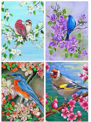 DCIDBEI 4 Pezzi Diamond Painting Uccelli 30x40 cm 5D Quadri Uccellini Diamond Painting Immagini Mosaico Fai da Te Adesivi Piccoli Uccellini Quadri Fiori a Punto Croce Adulti e Bambini