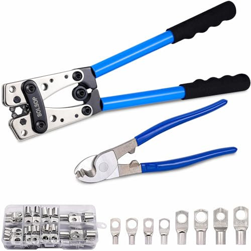 Solsop Battery Cable Crimping Tool 6-50mm² (10-1/0 AWG) for Battery Terminal Crimper with 60PCS Copper Ring Terminals 8 Sizes and Cable Cutter for Heavy Duty Wire Lugs, Copper Lugs